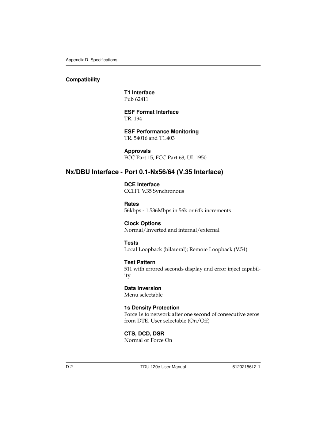 ADTRAN TDU 120e user manual Nx/DBU Interface Port 0.1-Nx56/64 V.35 Interface, Cts, Dcd, Dsr 