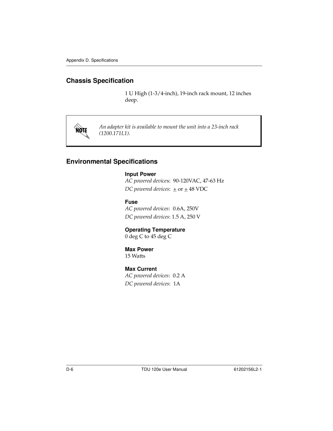 ADTRAN TDU 120e user manual Chassis Specification, Environmental Specifications 