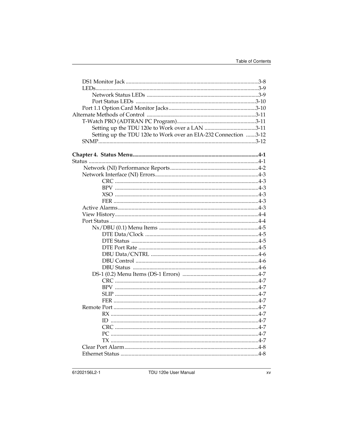 ADTRAN TDU 120e user manual Status Menu 