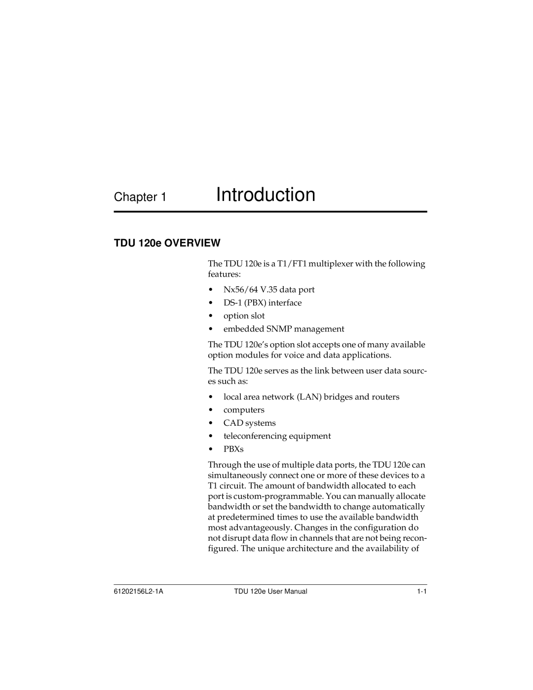 ADTRAN user manual Introduction, TDU 120e Overview 