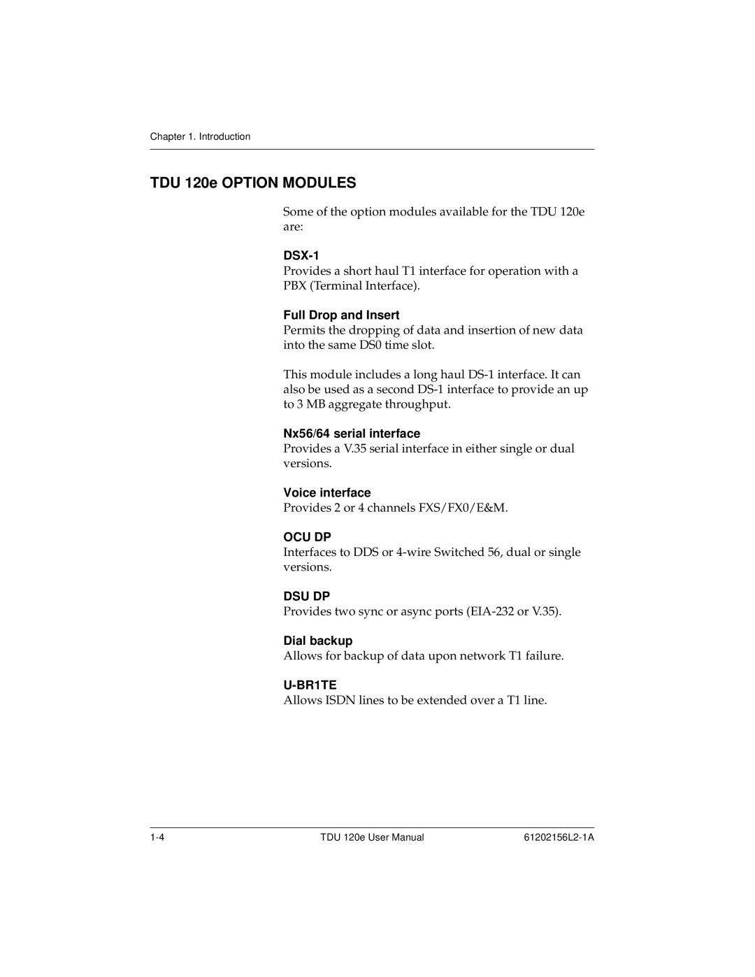 ADTRAN user manual TDU 120e Option Modules, DSX-1, Ocu Dp, Dsu Dp, BR1TE 