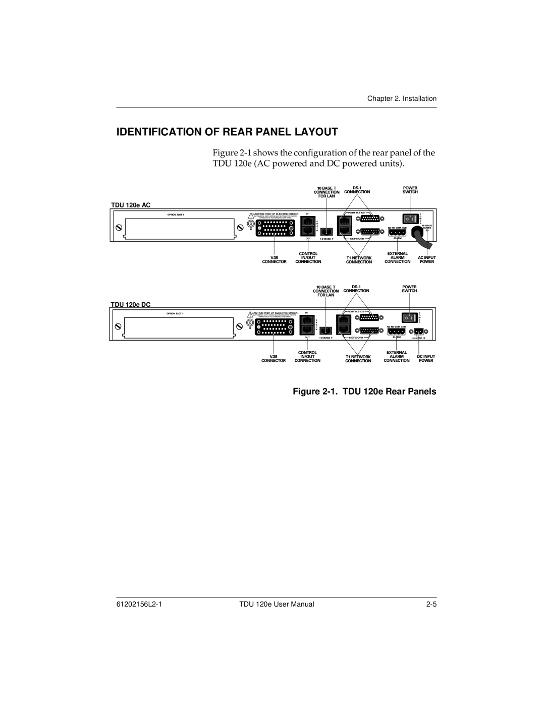 ADTRAN user manual Identification of Rear Panel Layout, TDU 120e Rear Panels 