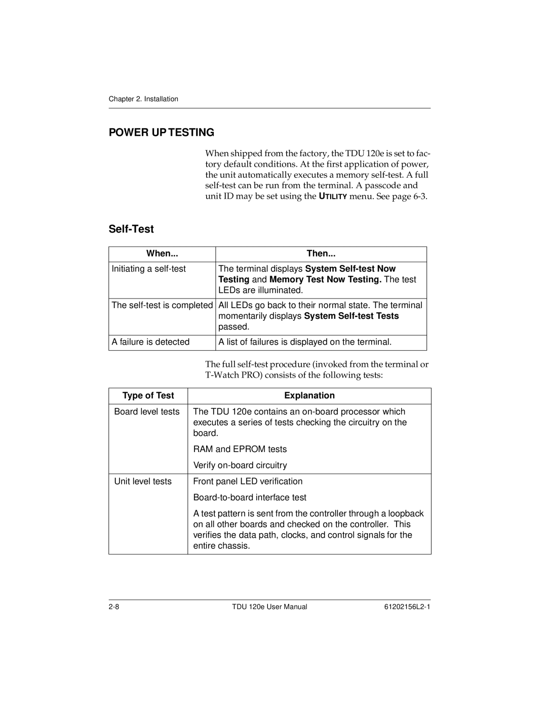 ADTRAN TDU 120e user manual Power UP Testing, Self-Test 