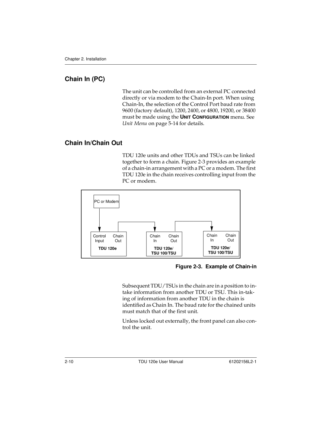 ADTRAN TDU 120e user manual Chain In PC, Chain In/Chain Out 