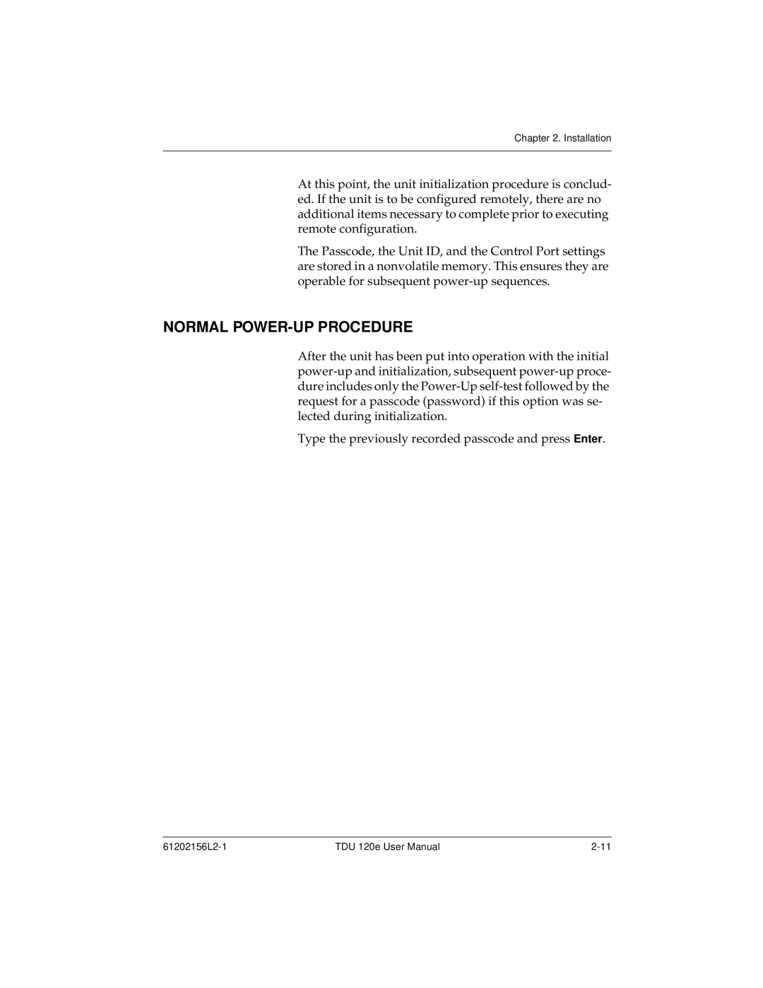 ADTRAN TDU 120e user manual Normal POWER-UP Procedure 