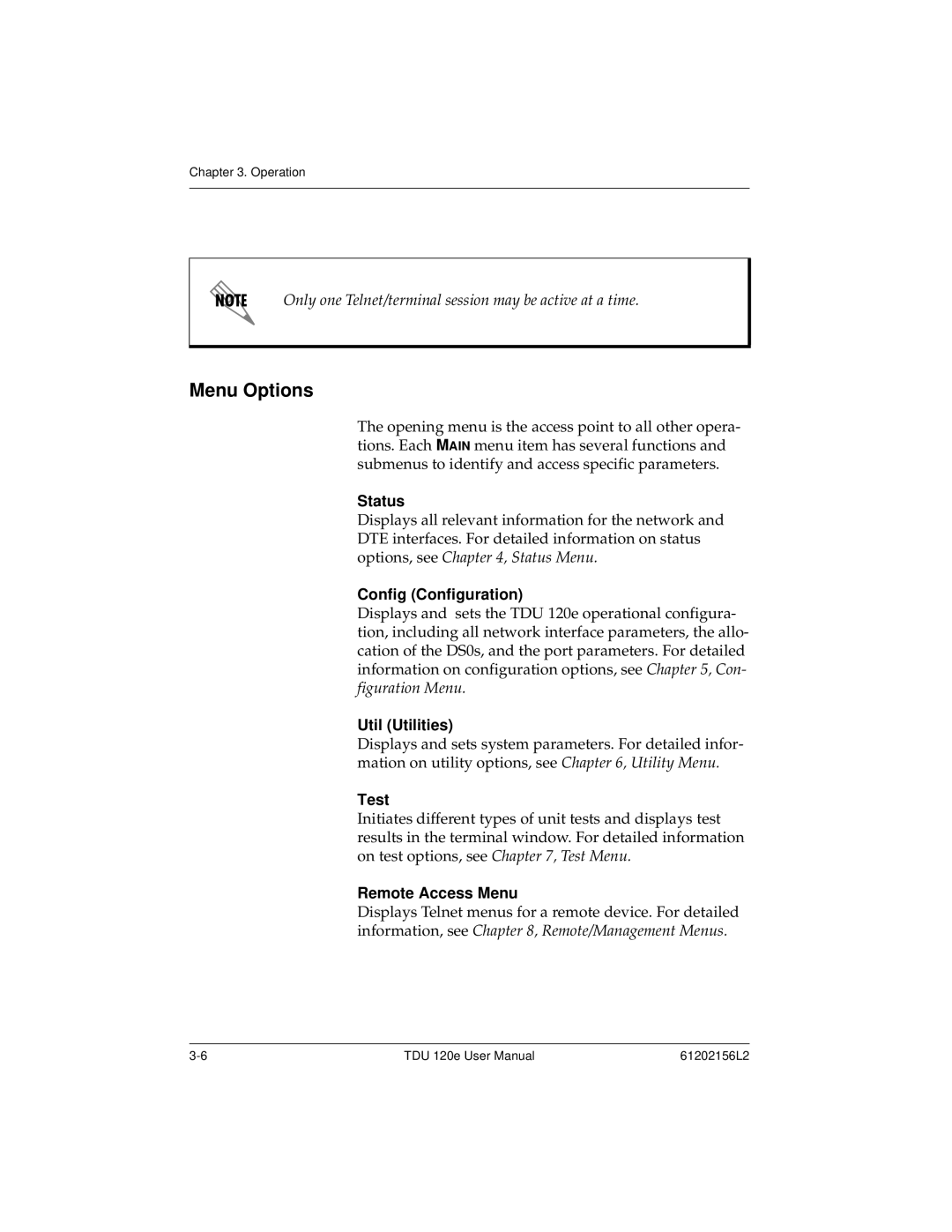 ADTRAN TDU 120e user manual Menu Options 