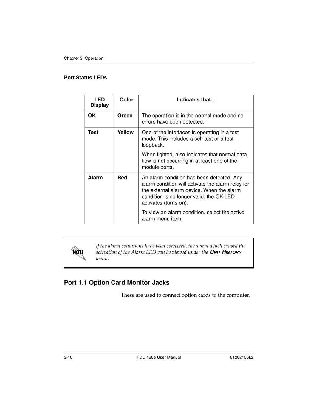 ADTRAN TDU 120e user manual Port 1.1 Option Card Monitor Jacks, Port Status LEDs 