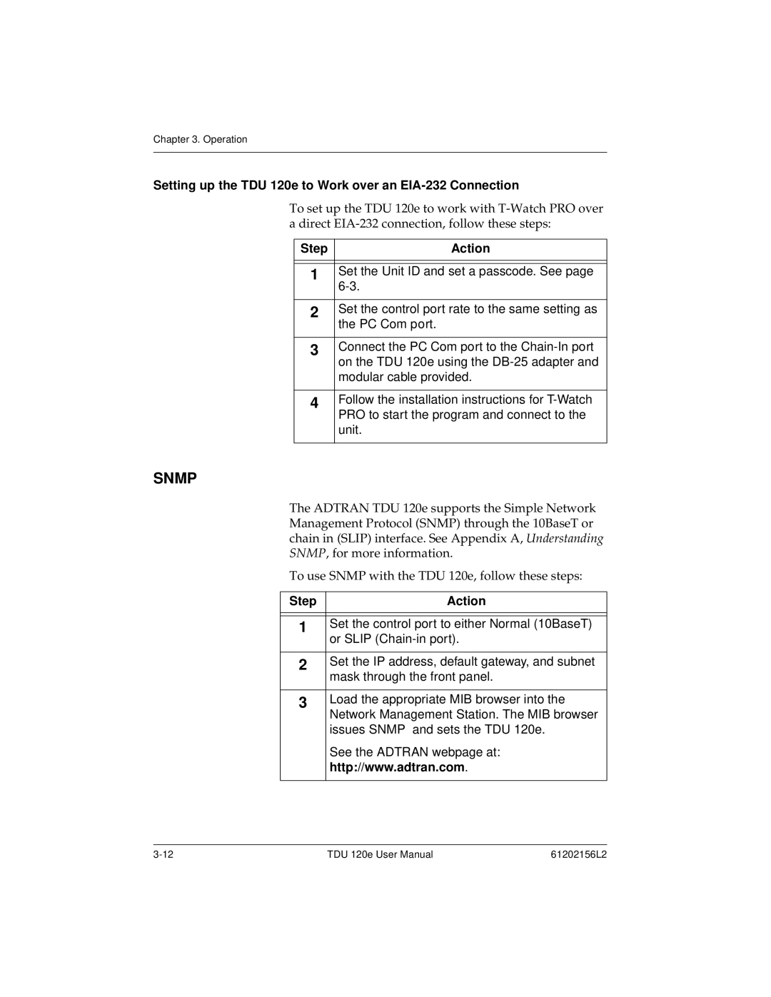 ADTRAN user manual Snmp, Setting up the TDU 120e to Work over an EIA-232 Connection 