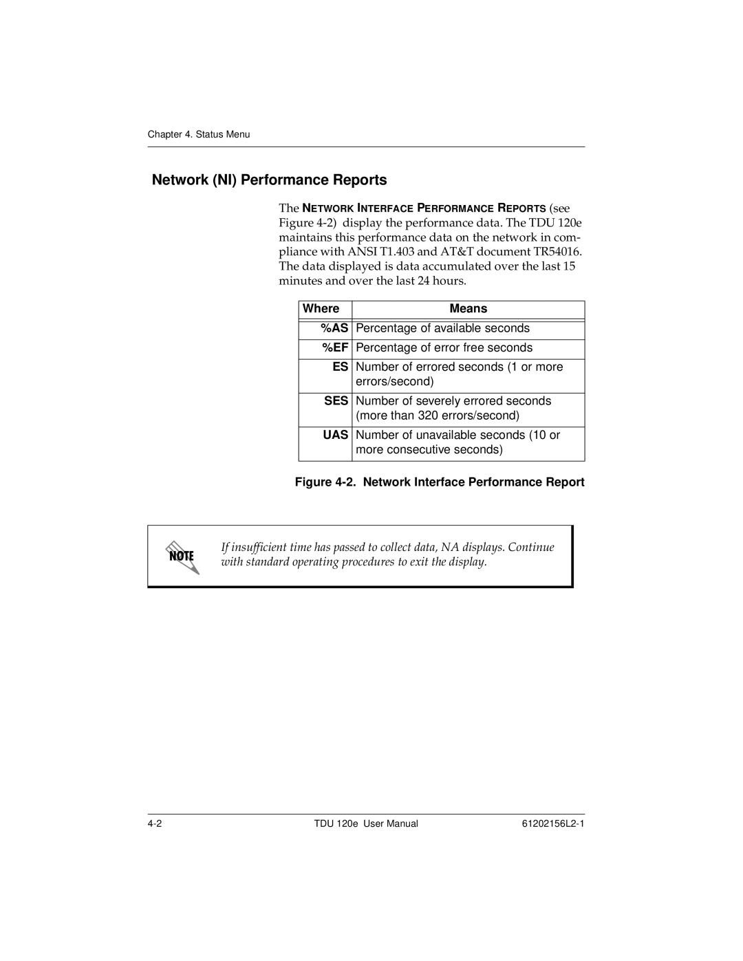 ADTRAN TDU 120e user manual Network NI Performance Reports, Where Means, Ses, Uas 