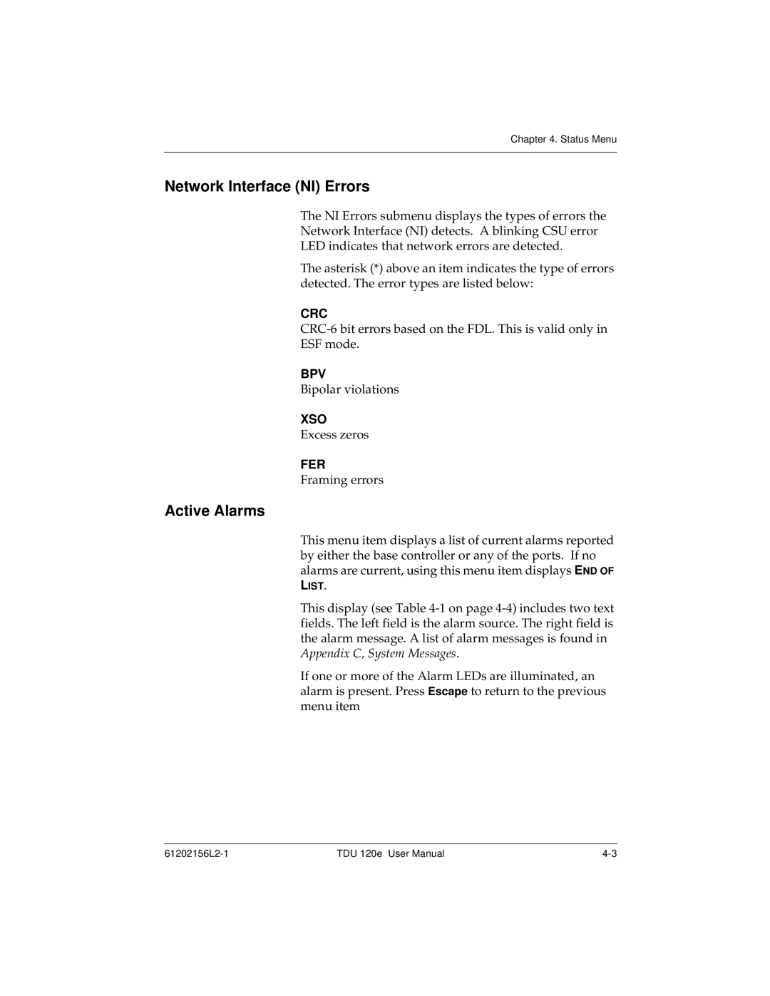 ADTRAN TDU 120e user manual Network Interface NI Errors, Active Alarms 