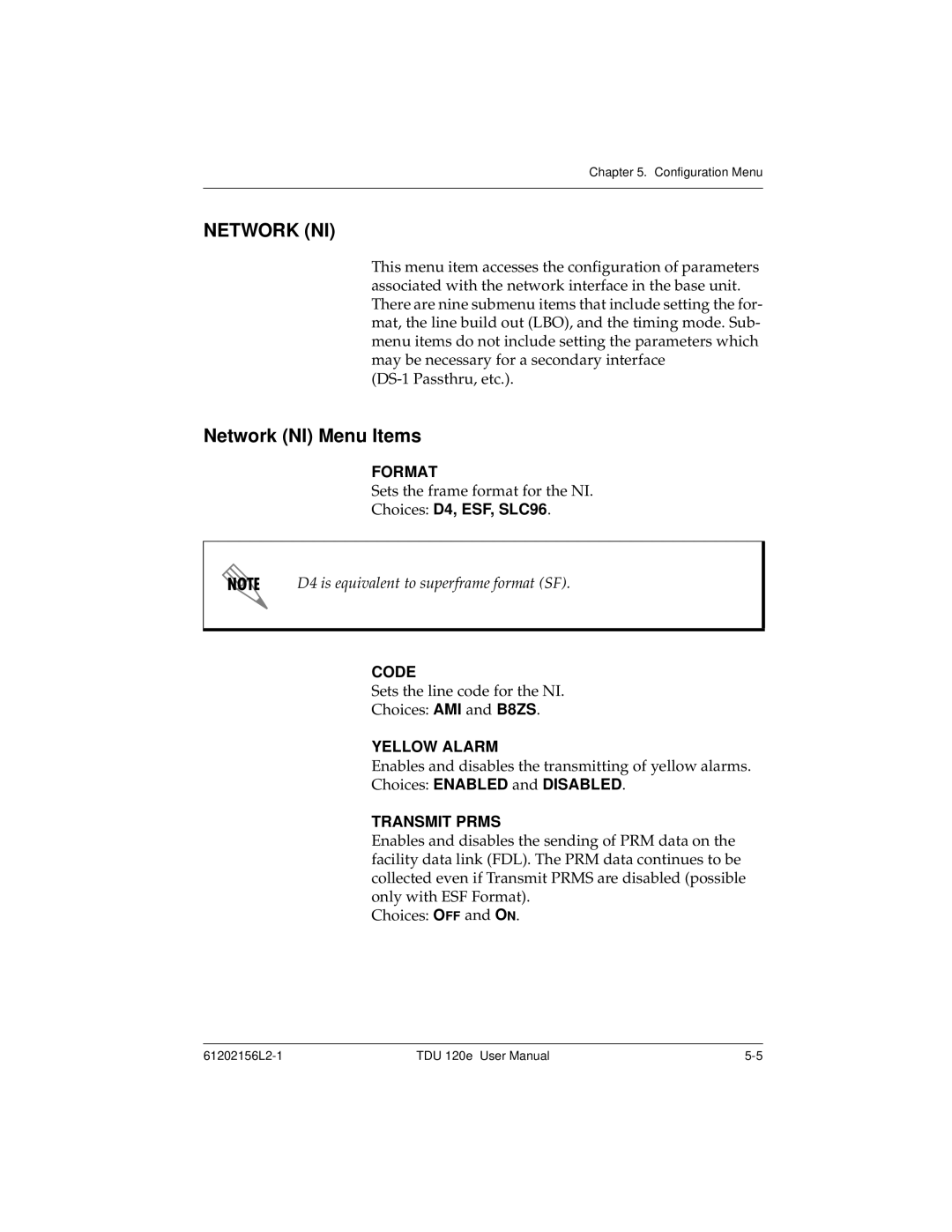 ADTRAN TDU 120e user manual Network NI Menu Items 