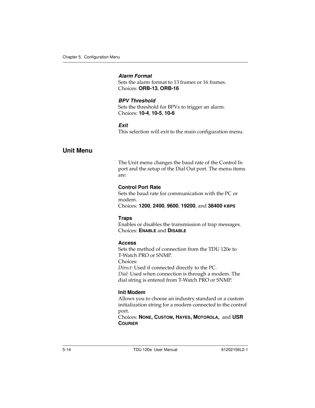 ADTRAN TDU 120e user manual Unit Menu, Alarm Format, BPV Threshold, Exit 