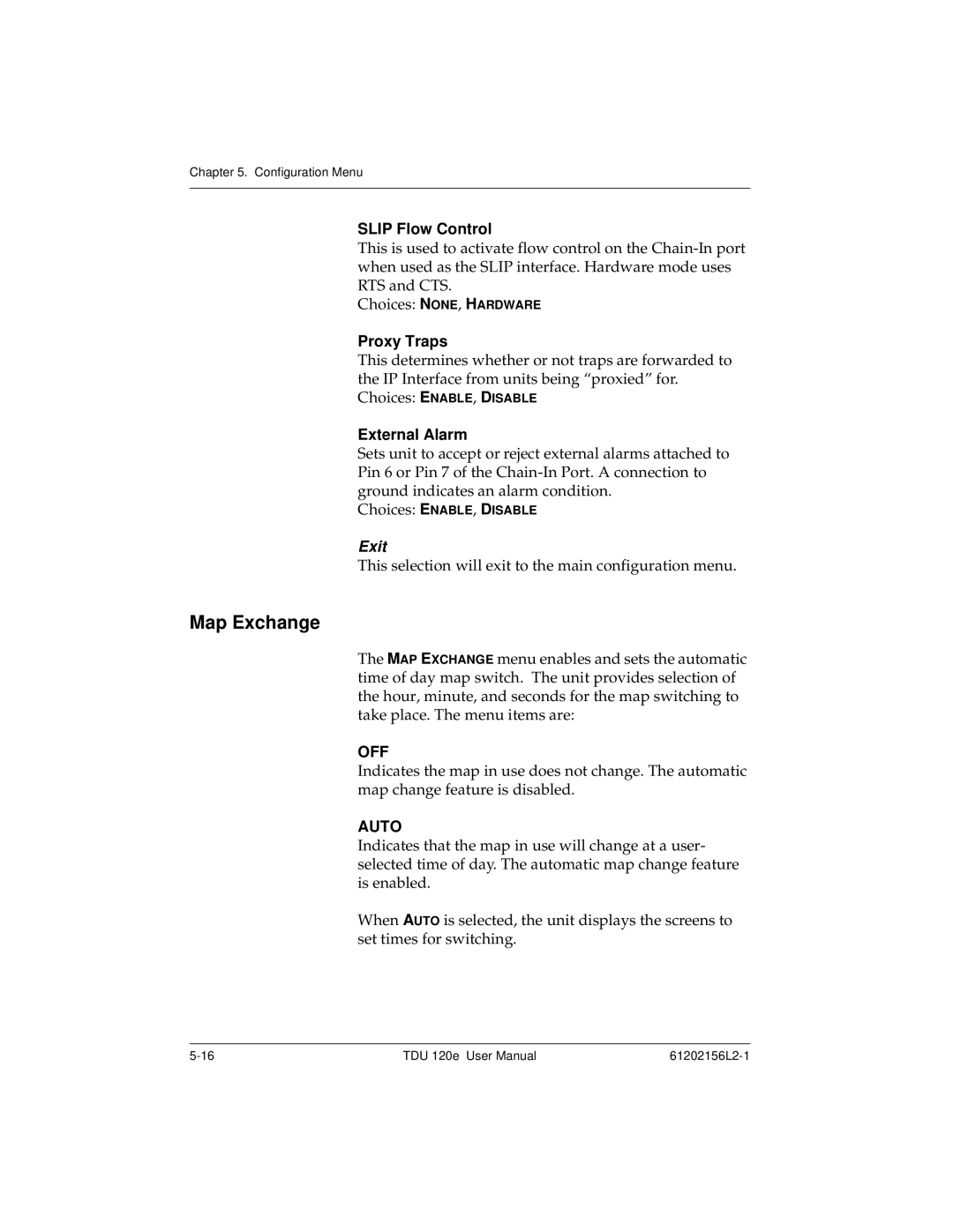 ADTRAN TDU 120e user manual Map Exchange, Off, Auto 