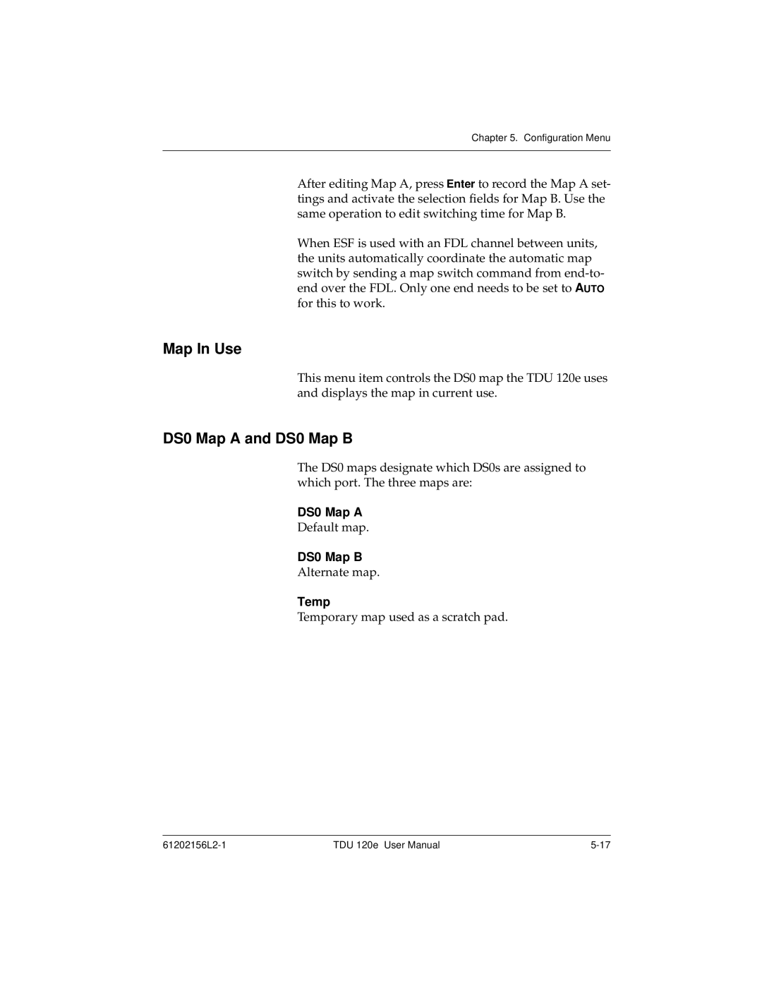 ADTRAN TDU 120e user manual Map In Use, DS0 Map a and DS0 Map B, Temp 