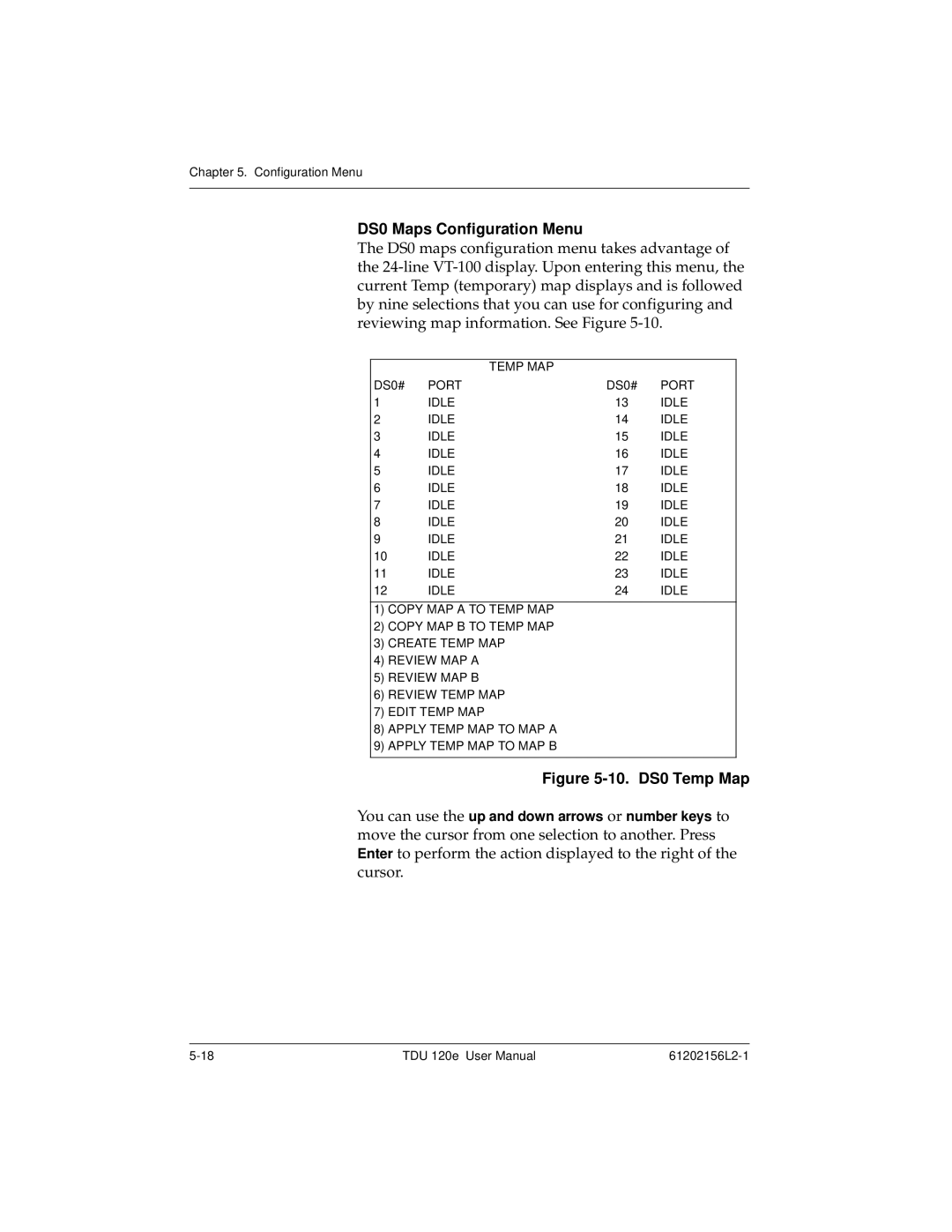 ADTRAN TDU 120e user manual DS0 Maps Configuration Menu, 10. DS0 Temp Map 