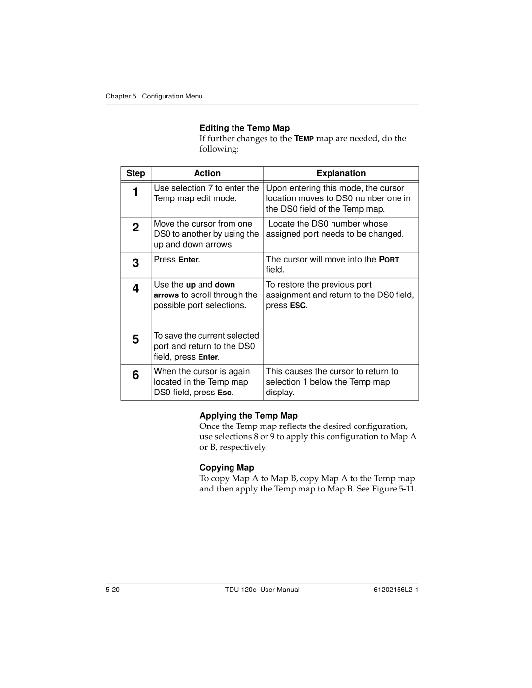 ADTRAN TDU 120e user manual Editing the Temp Map, Step Action Explanation, Applying the Temp Map, Copying Map 