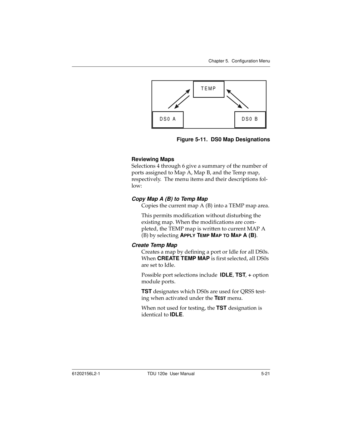 ADTRAN TDU 120e user manual Reviewing Maps, Copy Map a B to Temp Map, Create Temp Map 