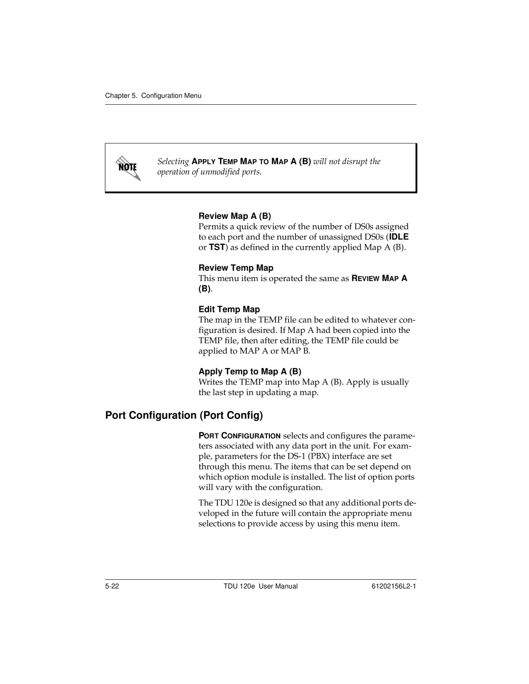 ADTRAN TDU 120e Port Configuration Port Config, Review Map a B, Review Temp Map, Edit Temp Map, Apply Temp to Map a B 