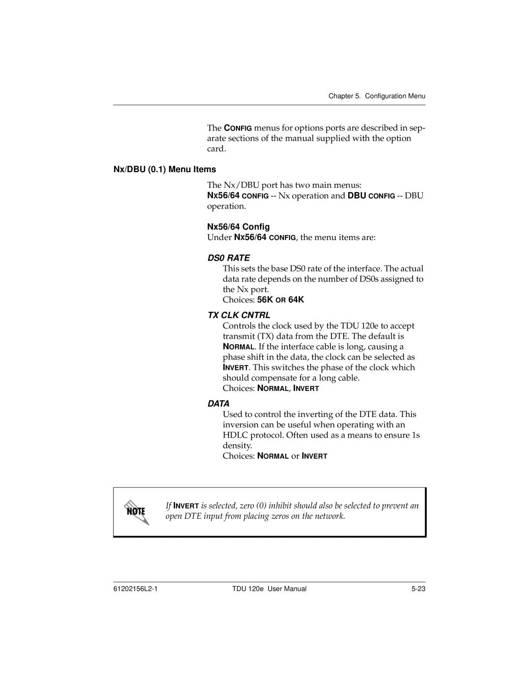 ADTRAN TDU 120e user manual Nx/DBU 0.1 Menu Items, Nx56/64 Config 