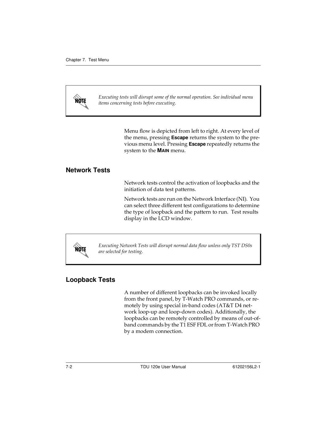 ADTRAN TDU 120e user manual Network Tests, Loopback Tests 