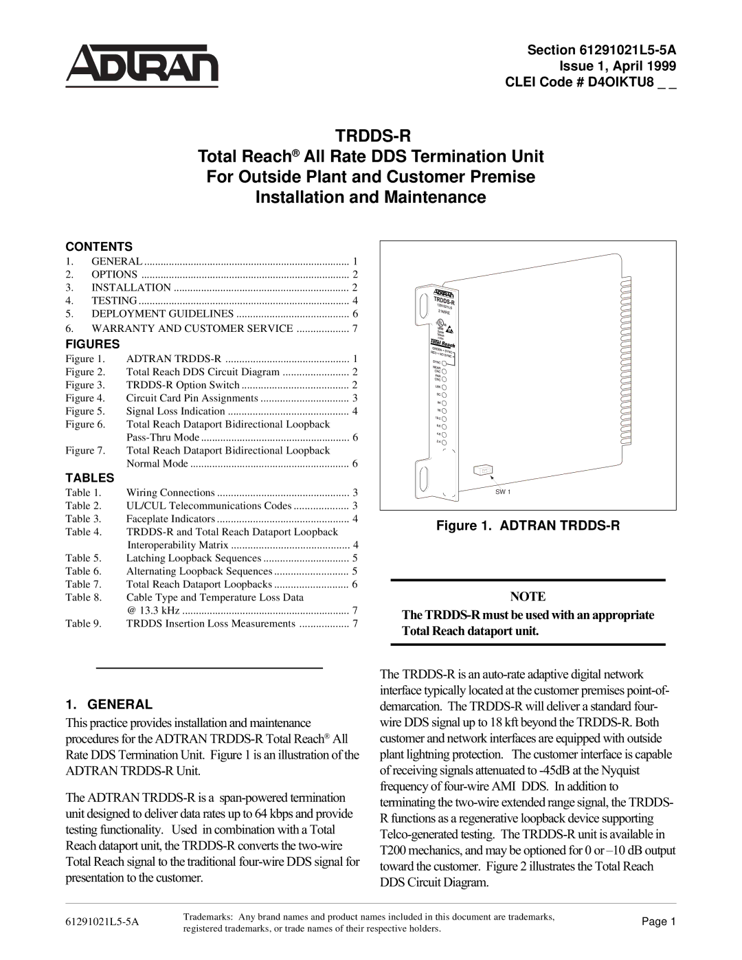 ADTRAN TRDDS-R warranty L5-5A Issue 1, April Clei Code # D4OIKTU8, General 