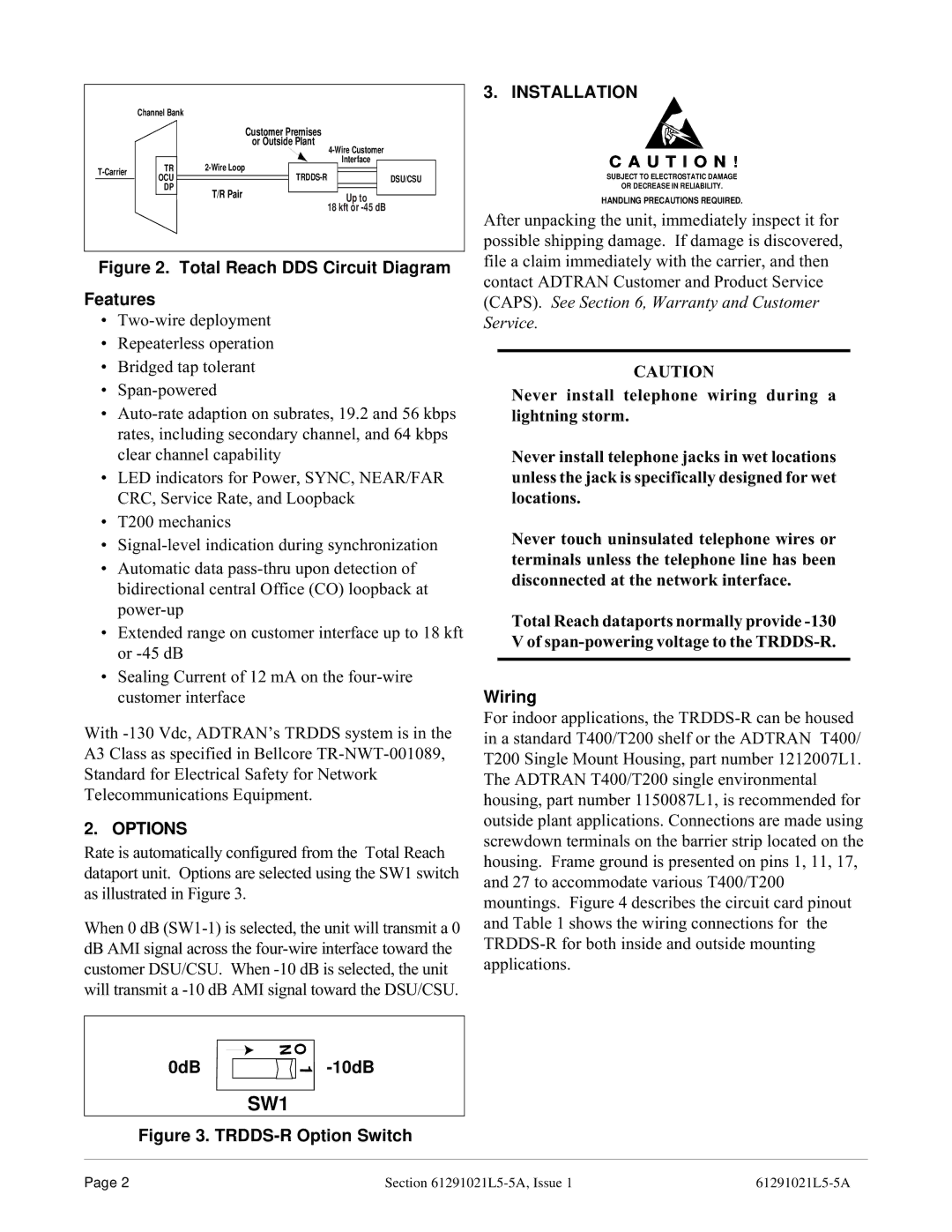 ADTRAN TRDDS-R warranty Options, 0dB 10dB, Installation, Wiring 