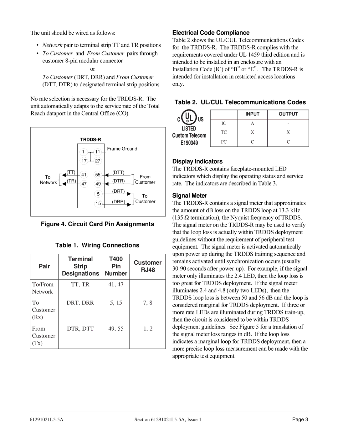 ADTRAN TRDDS-R warranty Electrical Code Compliance, Pin, UL/CUL Telecommunications Codes, Display Indicators, Signal Meter 