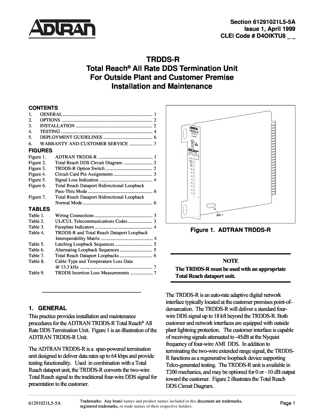 ADTRAN TRDDS-R warranty L5-5A Issue 1, April CLEI Code # D4OIKTU8, Adtran Trdds-R, General, Contents, Figures, Tables 