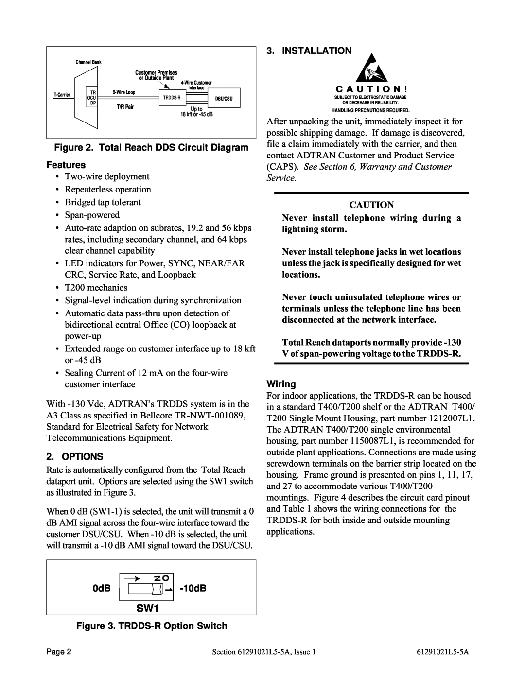 ADTRAN warranty Total Reach DDS Circuit Diagram Features, Options, 10dB, TRDDS-R Option Switch, Installation, Wiring 