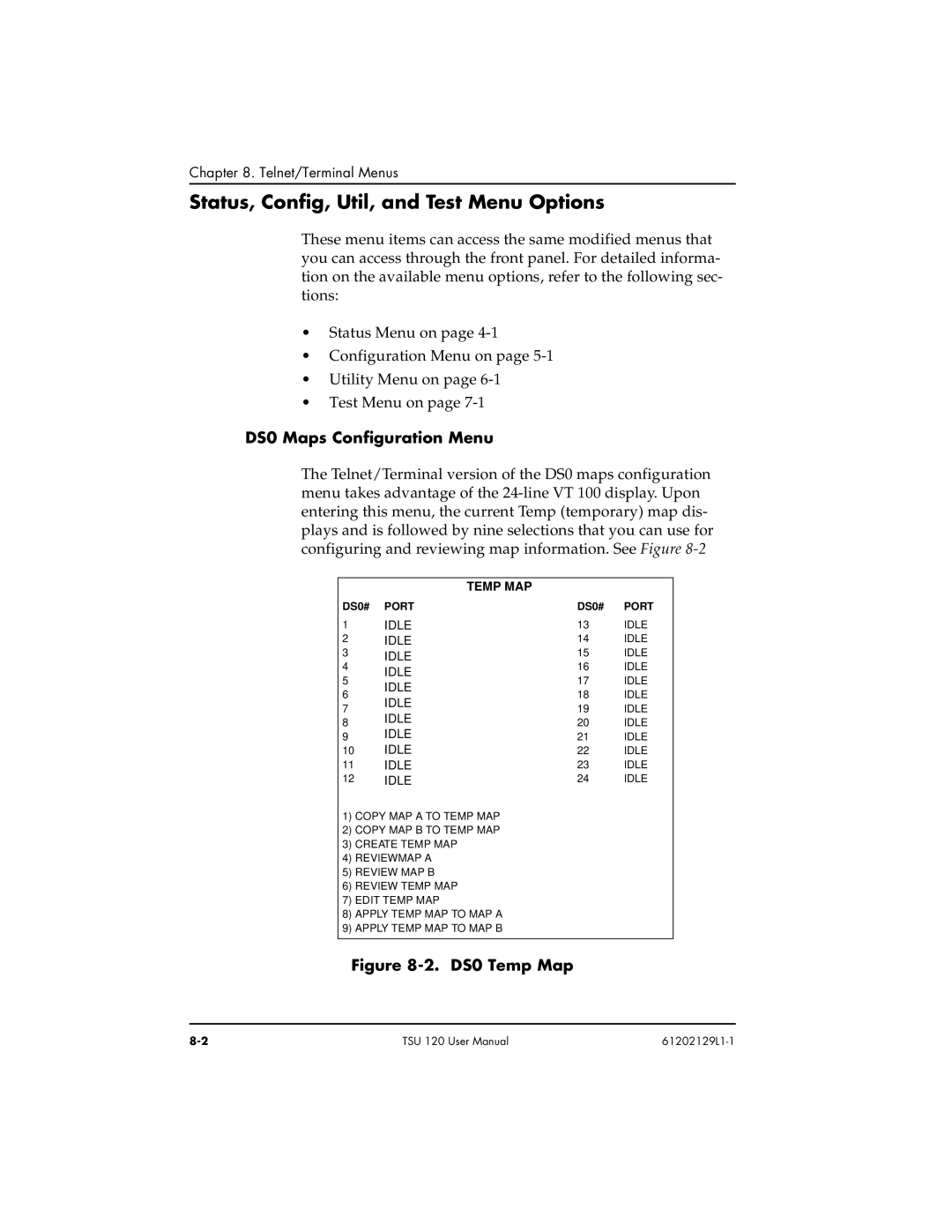 ADTRAN TSU 120e user manual Status, Config, Util, and Test Menu Options, DS0 Maps Configuration Menu 