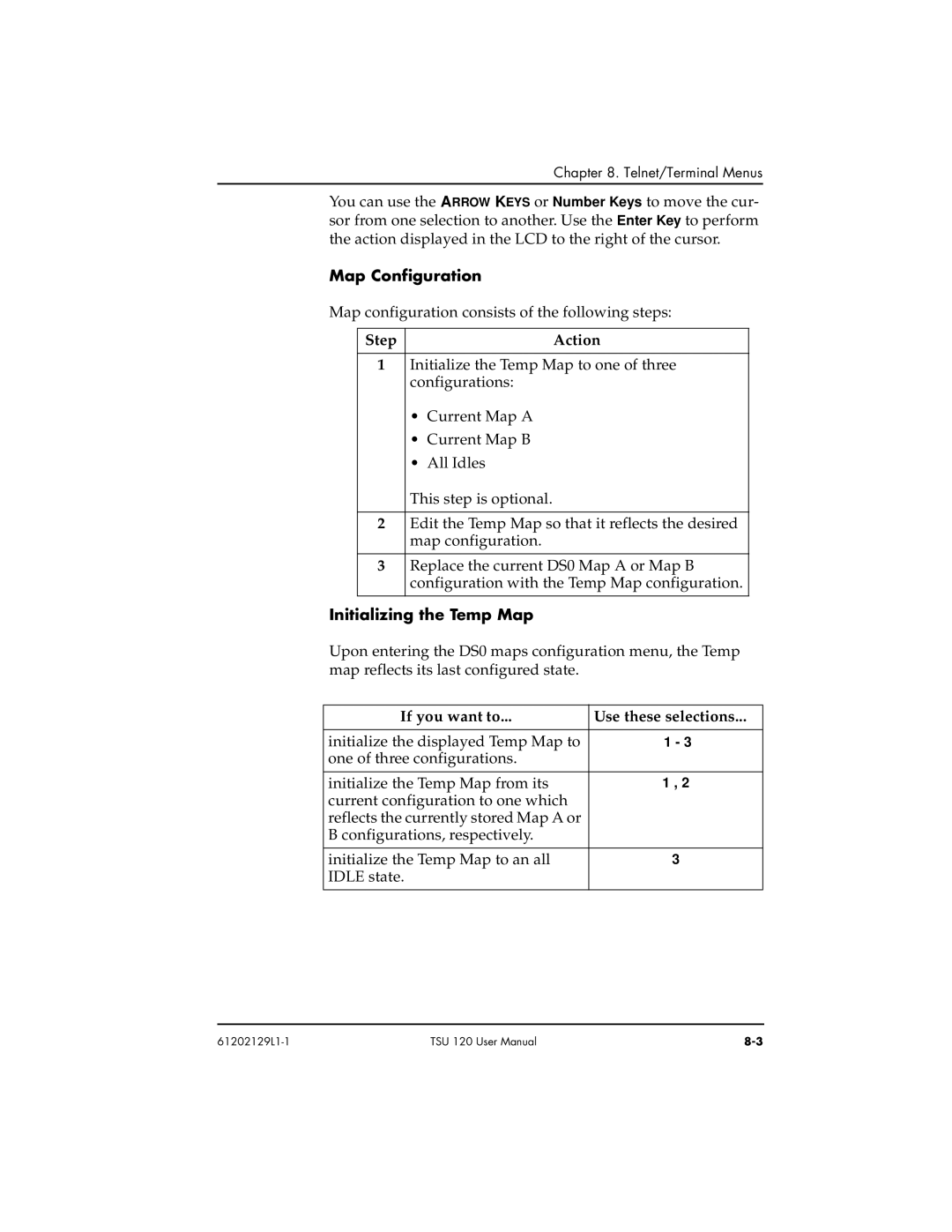 ADTRAN TSU 120e user manual Map Configuration, Initializing the Temp Map, If you want to Use these selections 