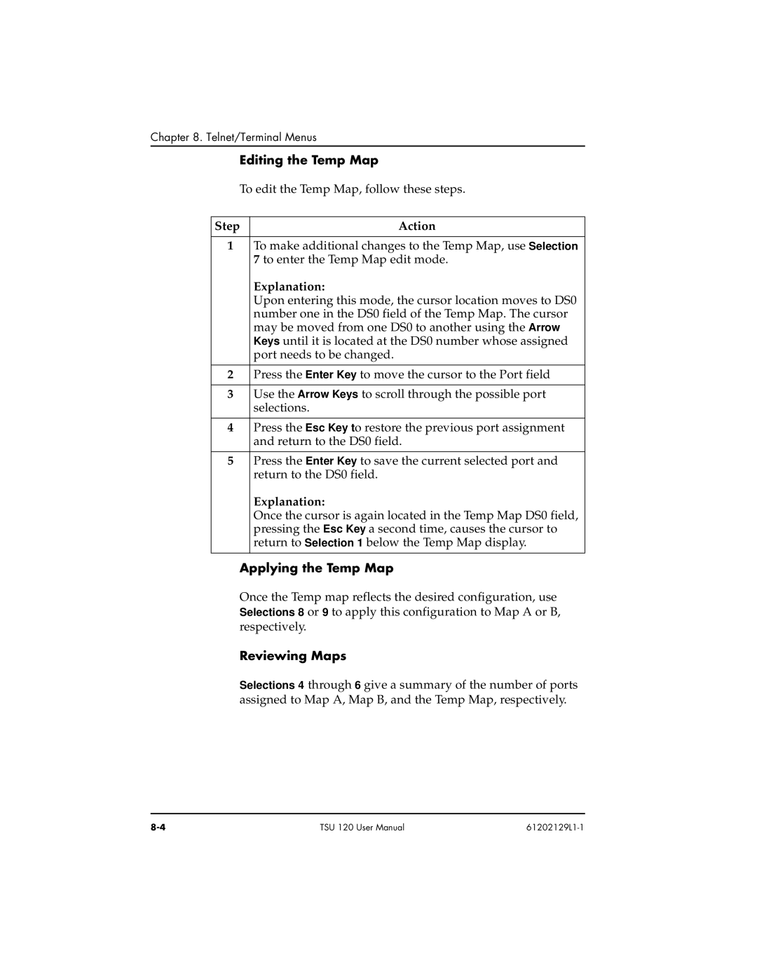 ADTRAN TSU 120e user manual Editing the Temp Map, Explanation, Applying the Temp Map, Reviewing Maps 