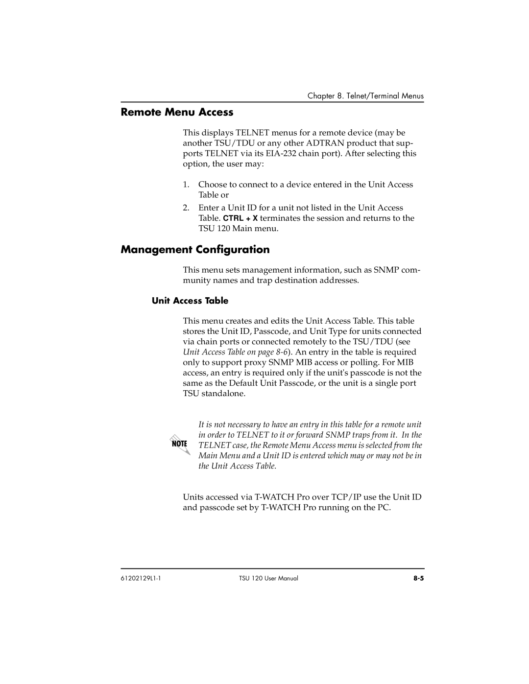 ADTRAN TSU 120e user manual Remote Menu Access, Management Configuration, Unit Access Table 