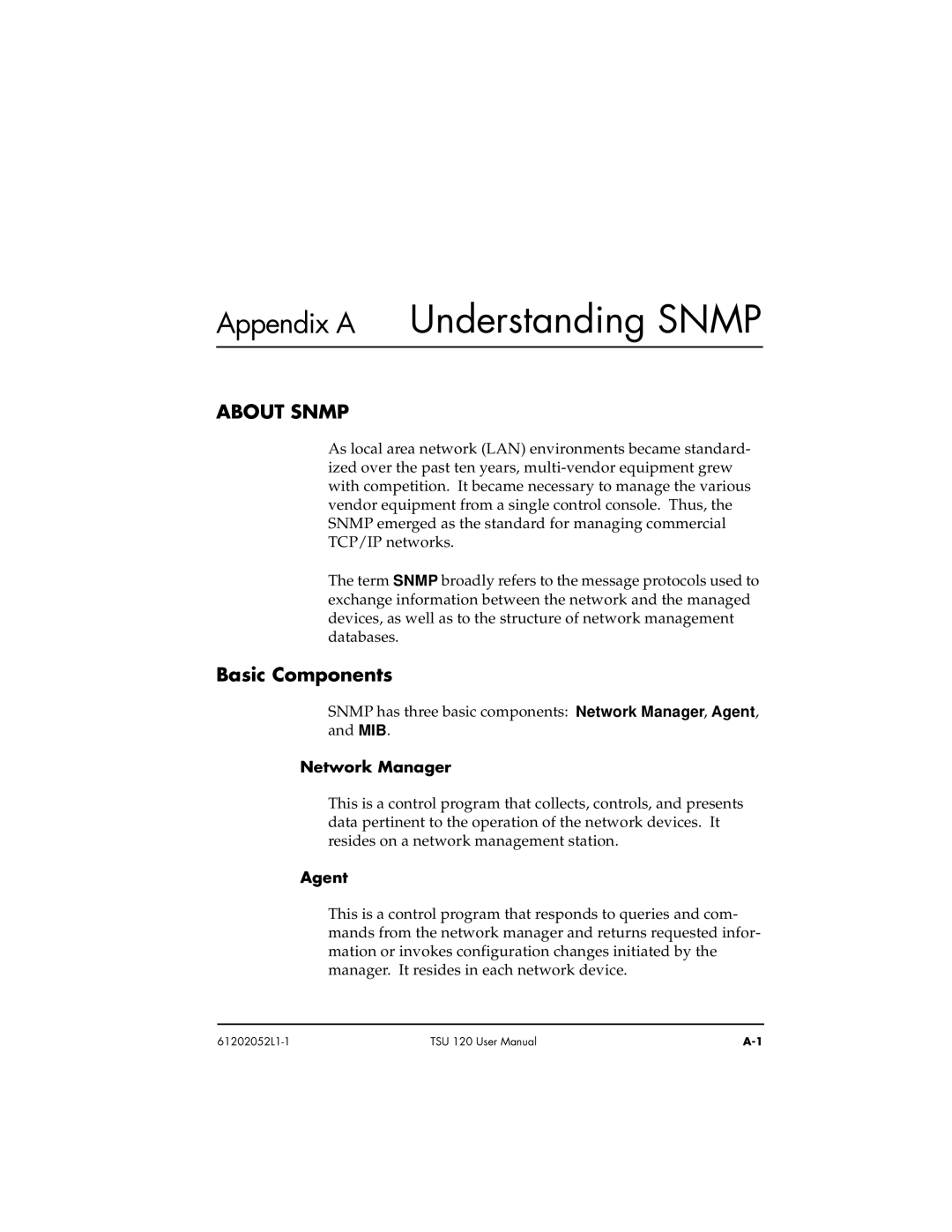 ADTRAN TSU 120e user manual About Snmp, Basic Components, Network Manager, Agent 