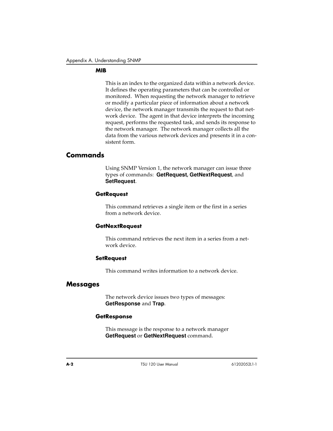 ADTRAN TSU 120e user manual Commands, Messages, GetRequest, GetNextRequest, SetRequest 