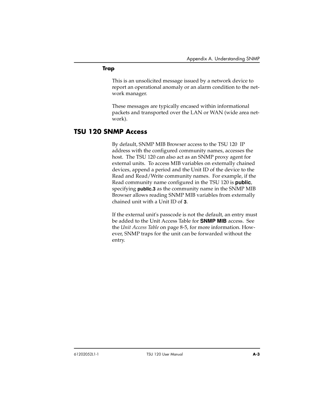 ADTRAN TSU 120e user manual TSU 120 Snmp Access, Trap 