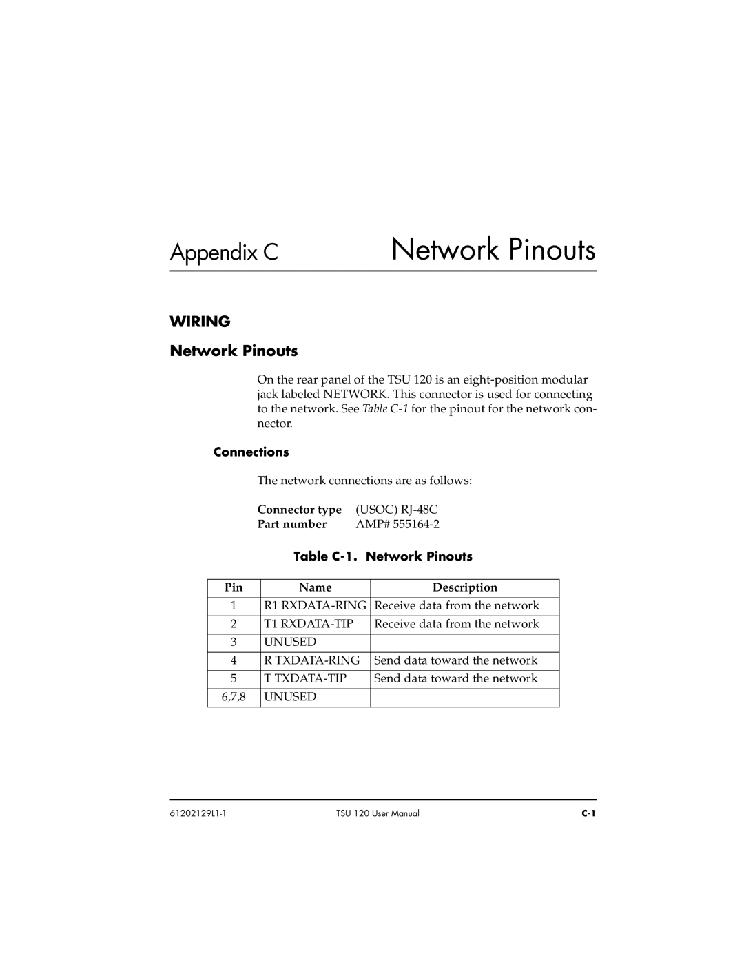 ADTRAN TSU 120e user manual Wiring, Connections, Table C-1. Network Pinouts 