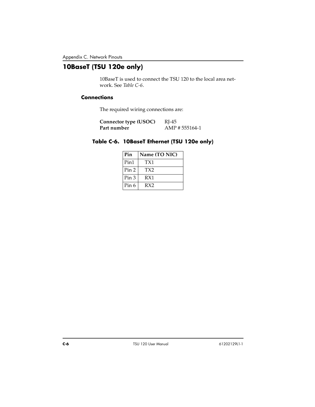 ADTRAN user manual 10BaseT TSU 120e only, Connector type Usoc, Table C-6 BaseT Ethernet TSU 120e only, Pin Name to NIC 