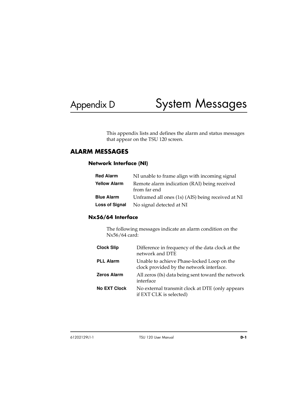 ADTRAN TSU 120e user manual Alarm Messages, Network Interface NI, Nx56/64 Interface 