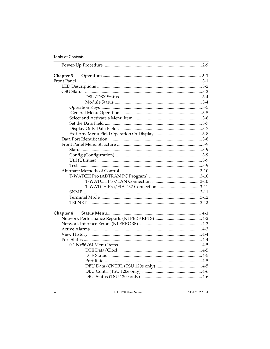 ADTRAN TSU 120e user manual Chapter Operation, Chapter Status Menu 