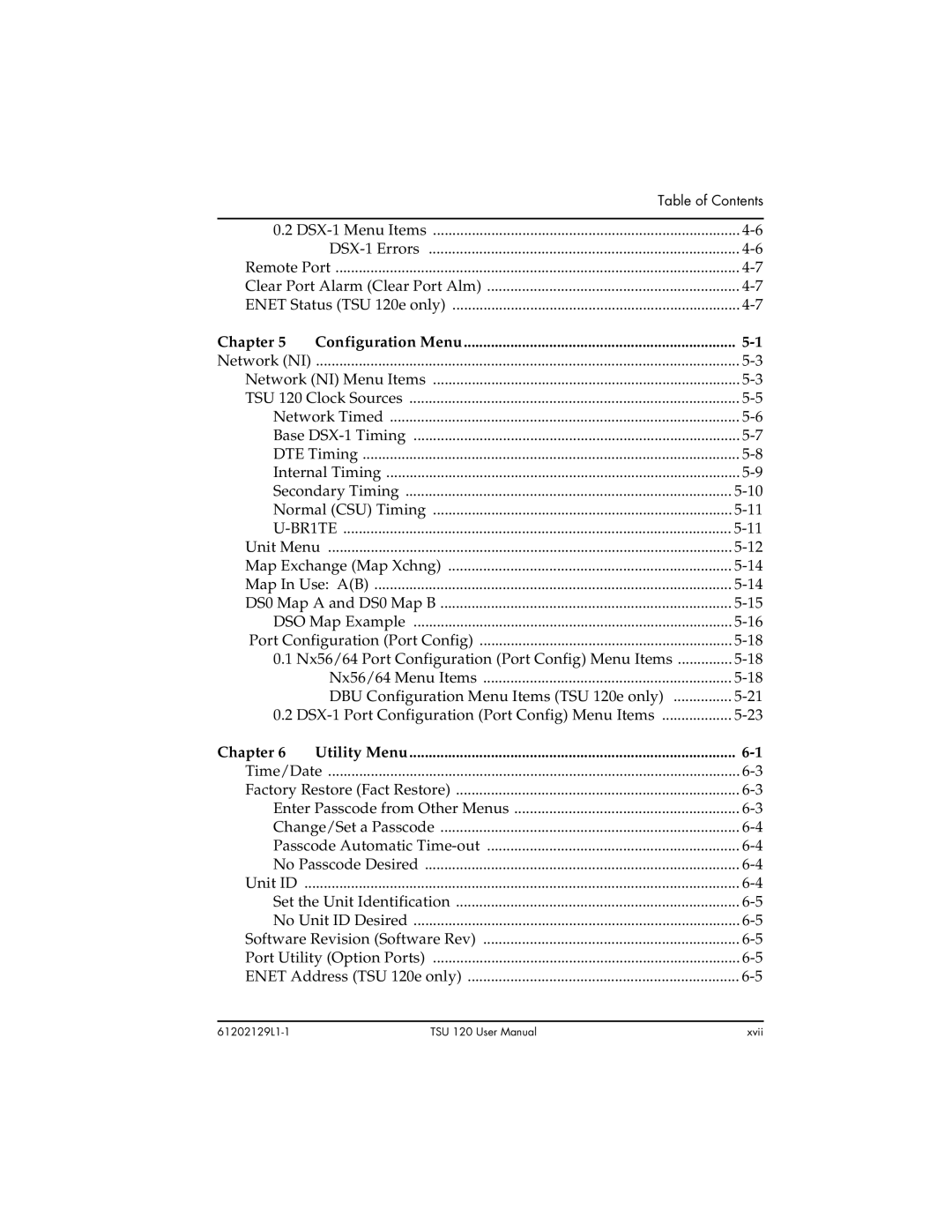 ADTRAN TSU 120e user manual Chapter Configuration Menu, Chapter Utility Menu 