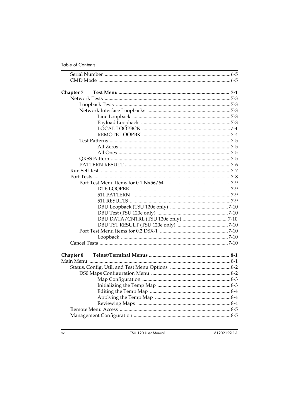 ADTRAN TSU 120e user manual Chapter Test Menu, Chapter Telnet/Terminal Menus 