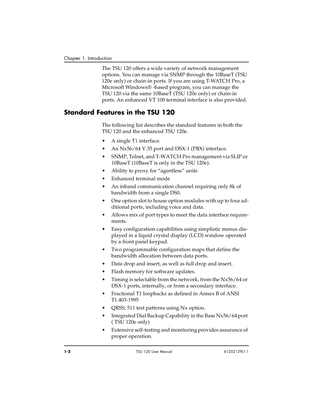 ADTRAN TSU 120e user manual Standard Features in the TSU 