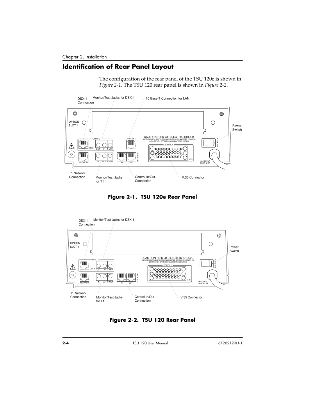 ADTRAN user manual Identification of Rear Panel Layout, TSU 120e Rear Panel 