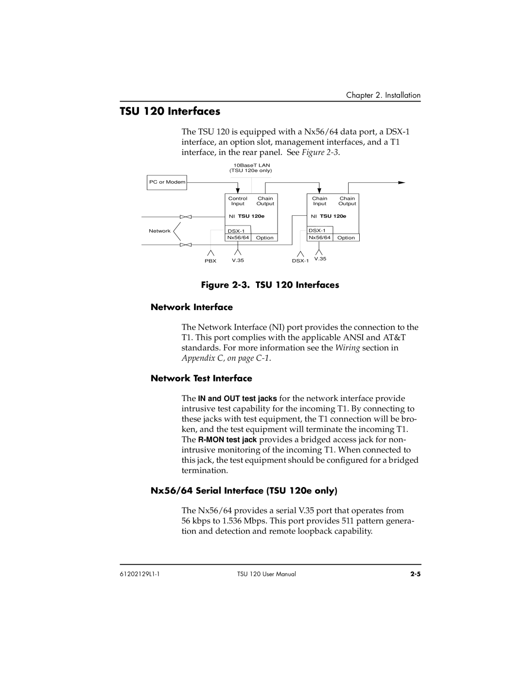 ADTRAN user manual TSU 120 Interfaces, Network Test Interface, Nx56/64 Serial Interface TSU 120e only 