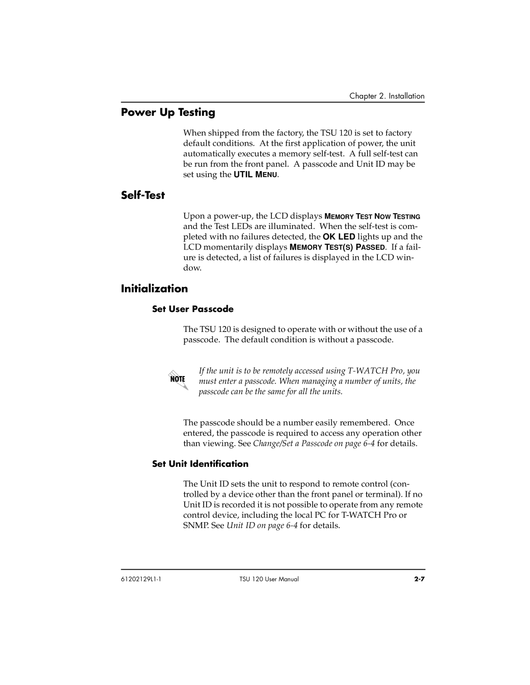 ADTRAN TSU 120e user manual Power Up Testing, Self-Test, Initialization, Set User Passcode, Set Unit Identification 