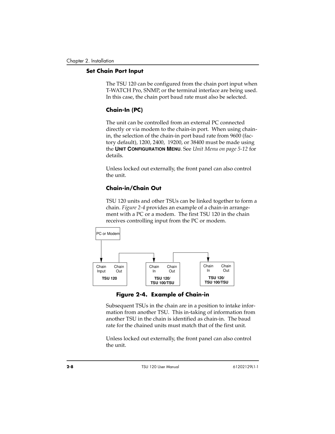 ADTRAN TSU 120e user manual Set Chain Port Input, Chain-In PC, Chain-in/Chain Out 