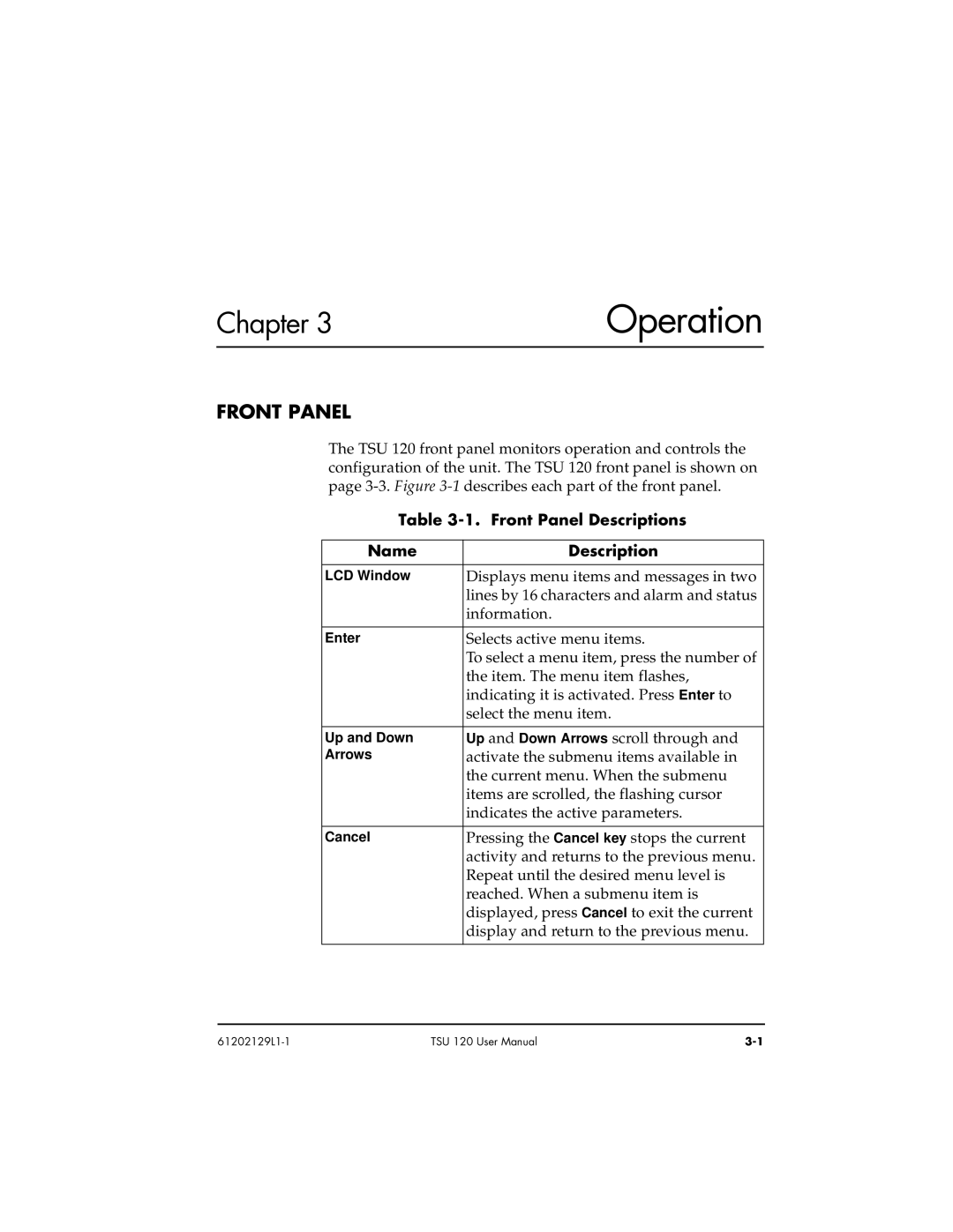 ADTRAN TSU 120e user manual Front Panel Descriptions Name 