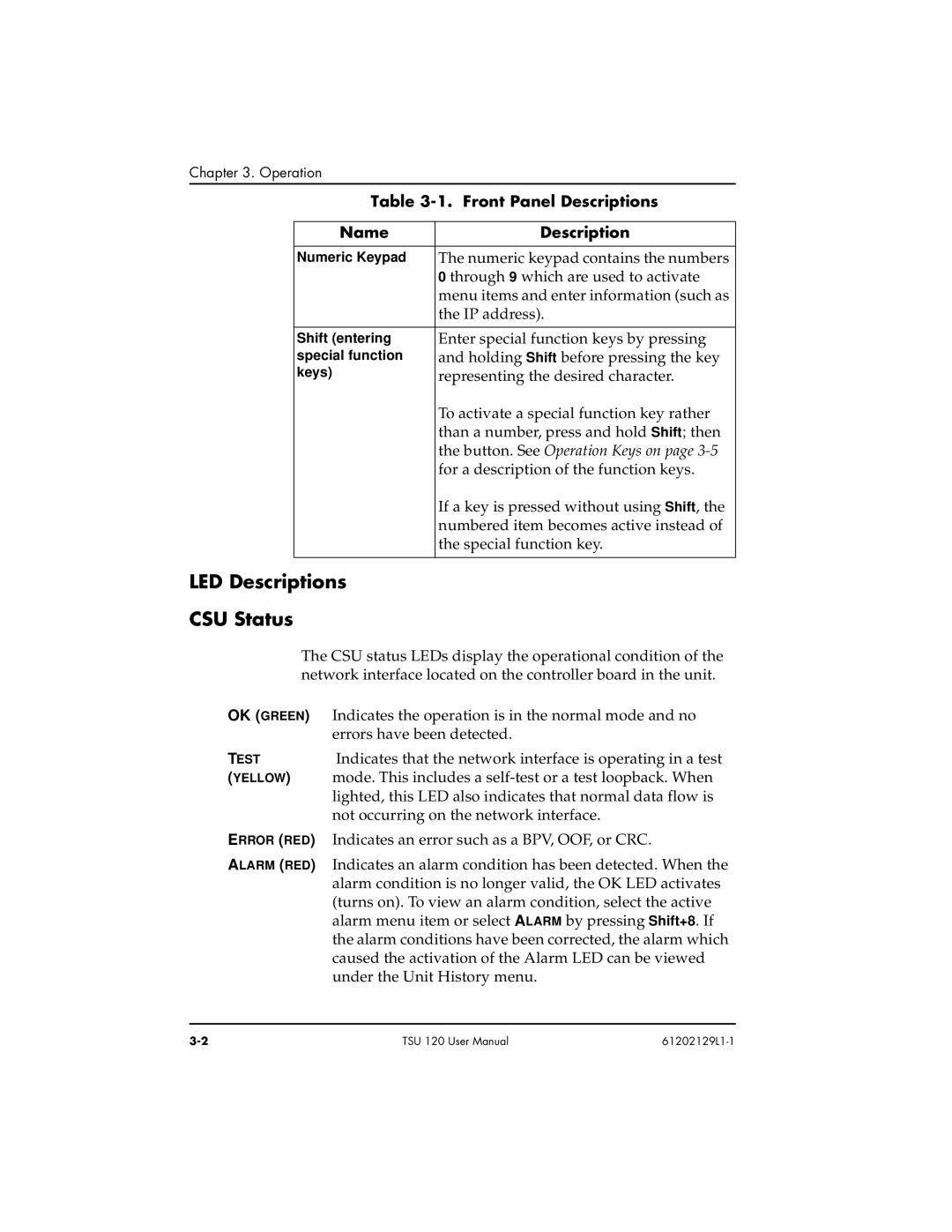 ADTRAN TSU 120e user manual LED Descriptions CSU Status, Button. See Operation Keys on 