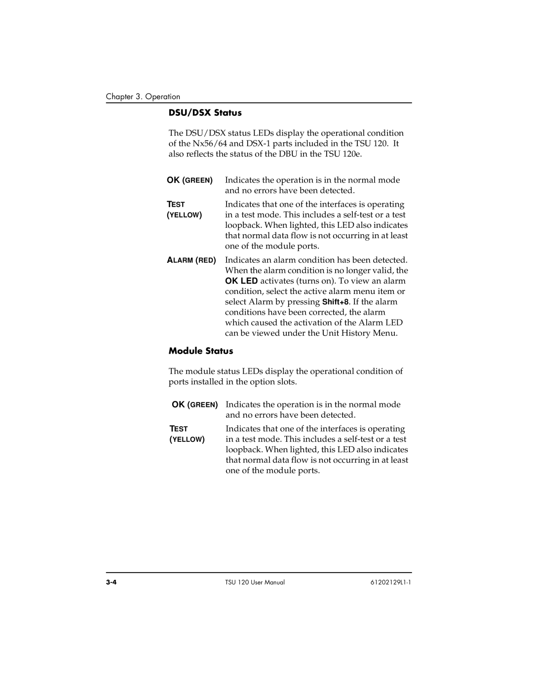 ADTRAN TSU 120e user manual DSU/DSX Status, Module Status 